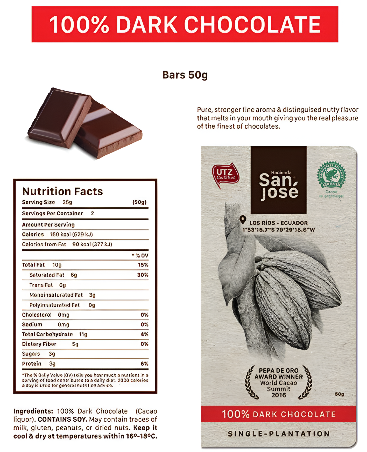 100% Cacao Bar – Premium Dark Chocolate from Ecuador – 50g