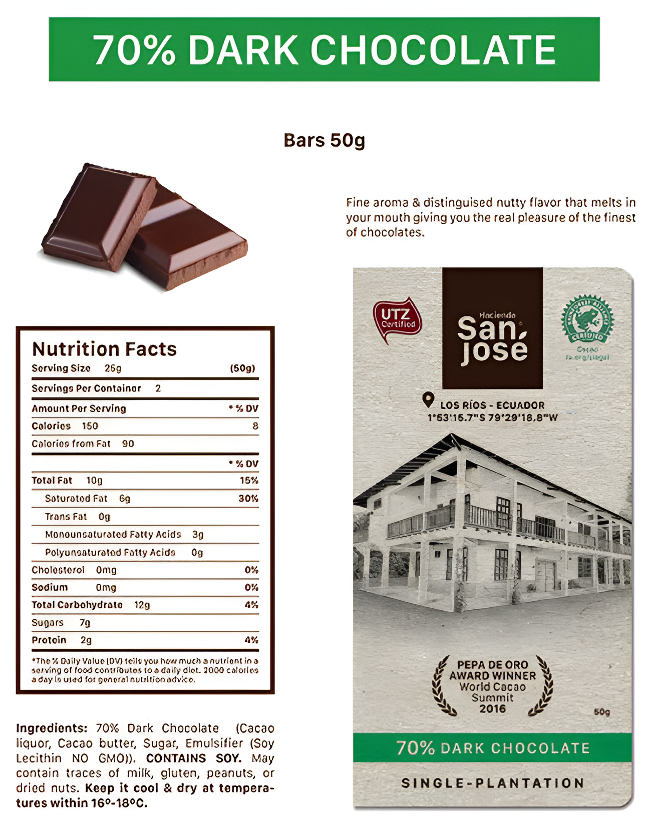 70% Cacao Bar – Premium Dark Chocolate from Ecuador – 50g