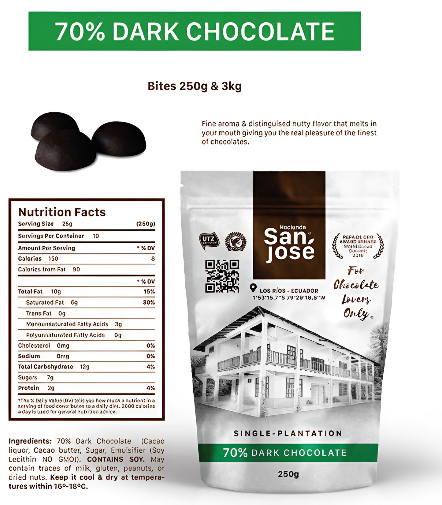 70% Cacao Bites – Premium Dark Chocolate from Ecuador – 250g