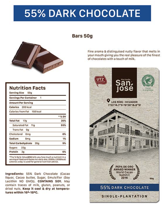 55% Cacao Bar – Smooth Dark Chocolate from Ecuador – 50g