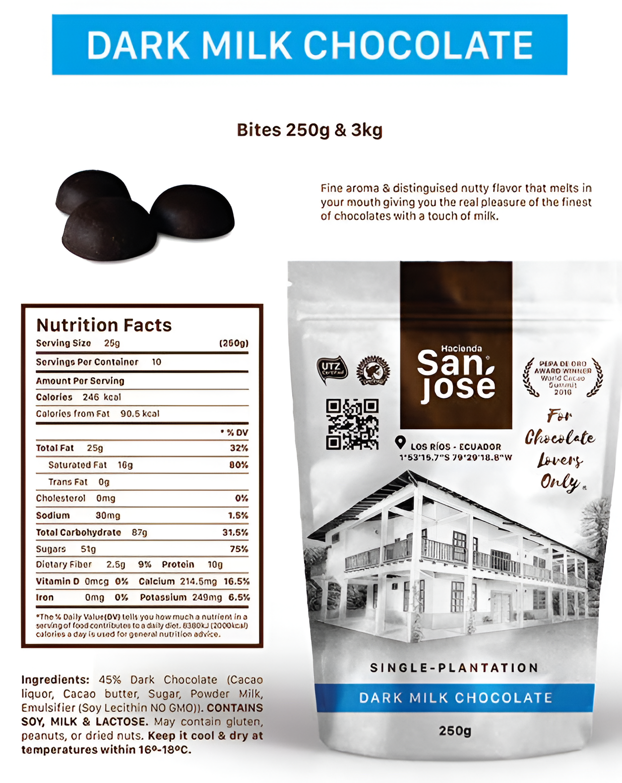 45% Milk Cacao Bites – Smooth Milk Chocolate from Ecuador 3kg
