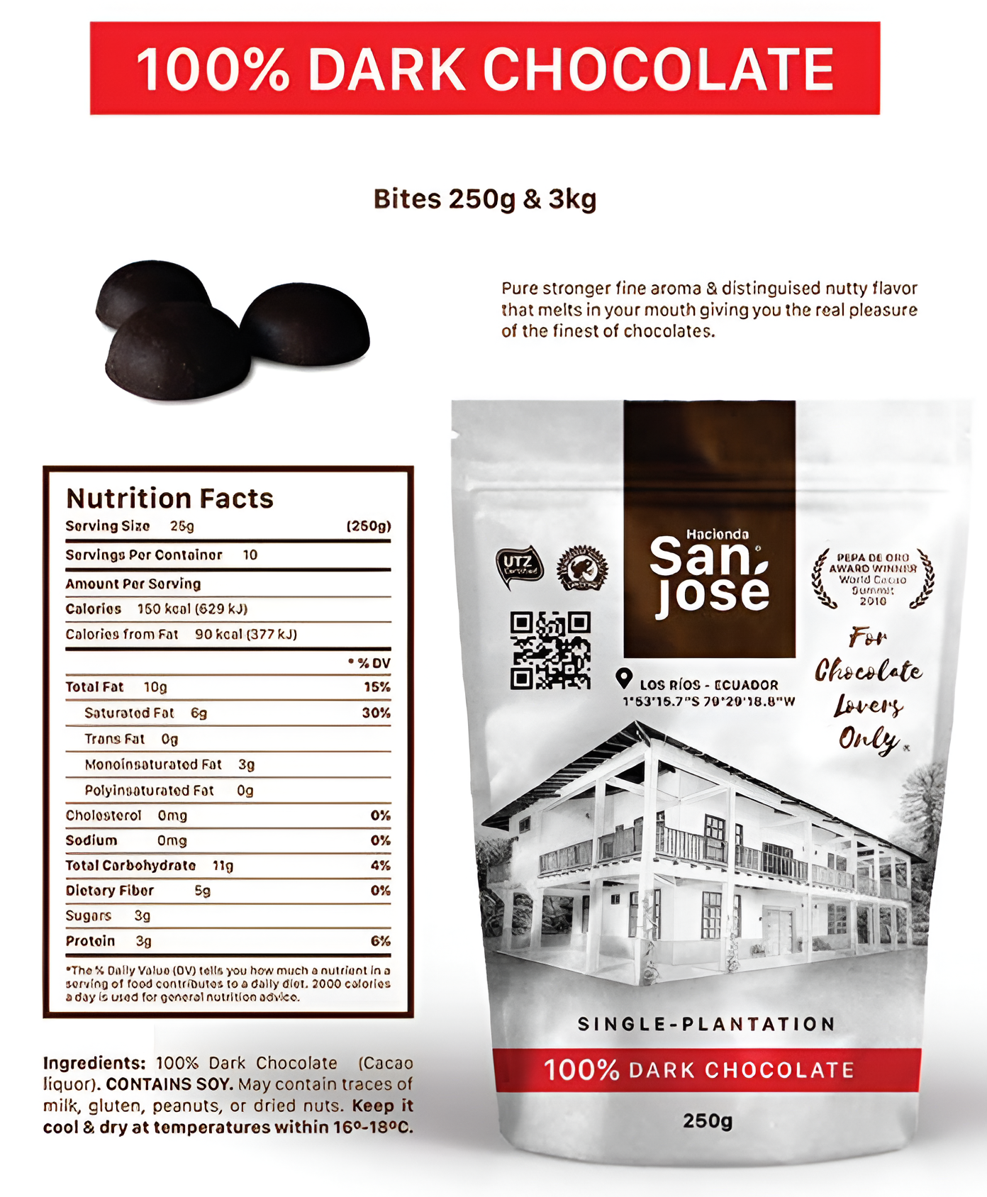 100% Dark Chocolate Bites 250 g.