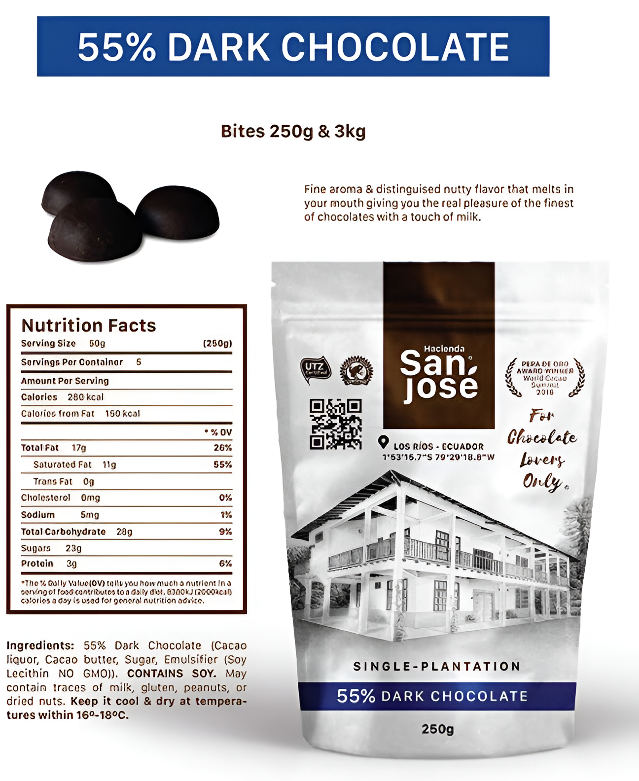 55% Dark Chocolate Bites 250 g.