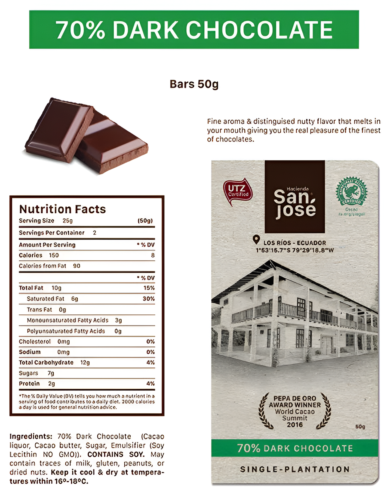 70% Dark Chocolate Bar