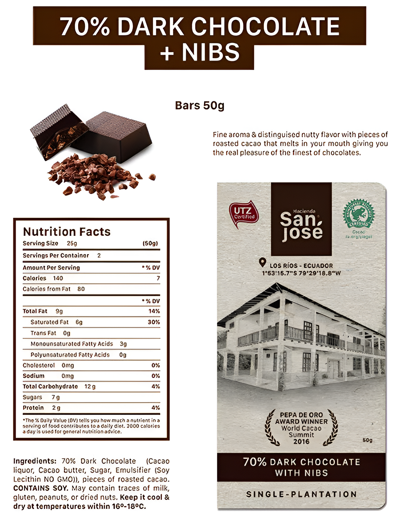 70% Dark Chocolate Bar with Nibs