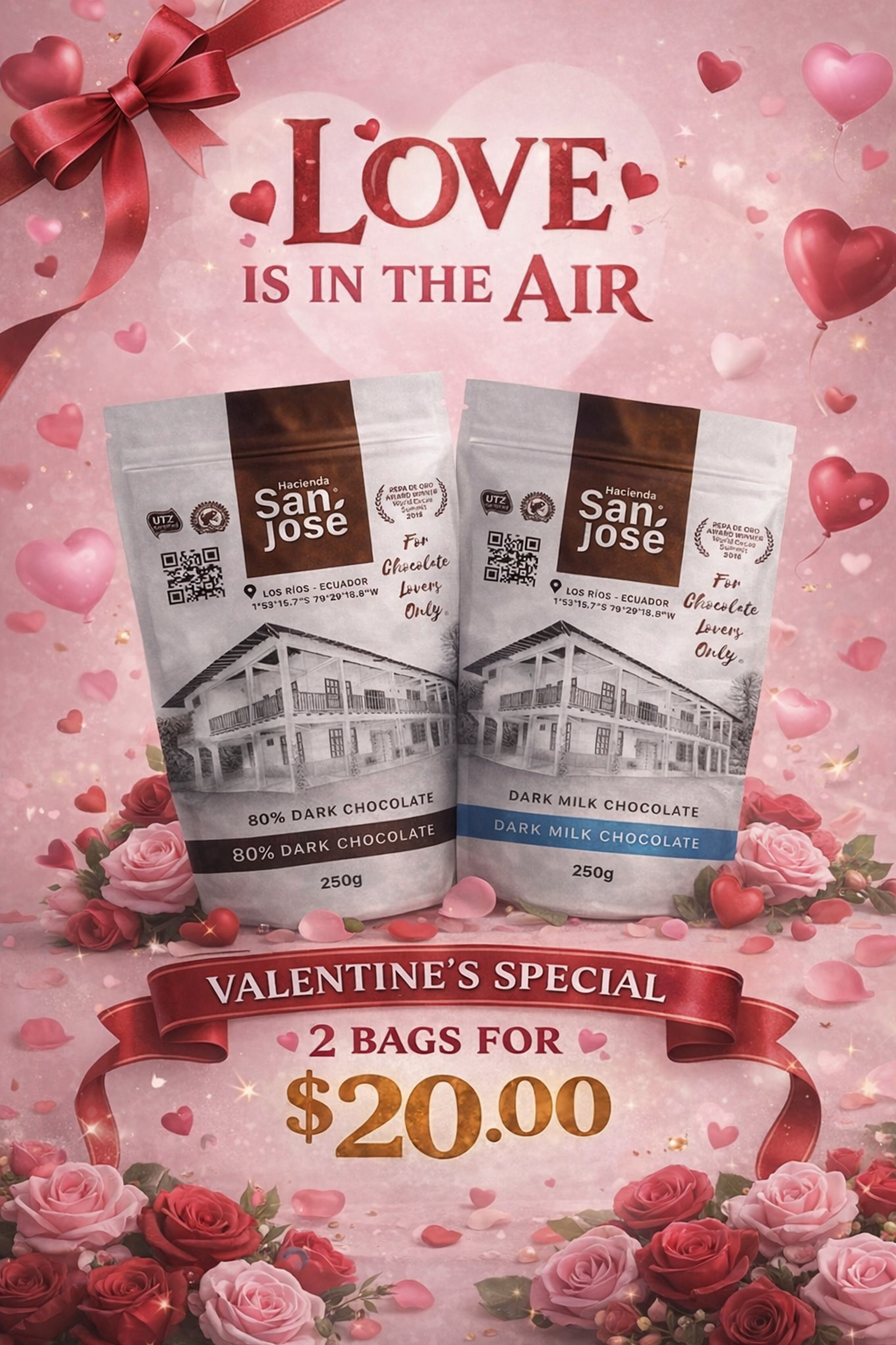 Valentine's Special bundle – 80% Dark Chocolate and Dark Milk Chocolate bags from Hacienda San José Ecuador, Valentine's Day themed